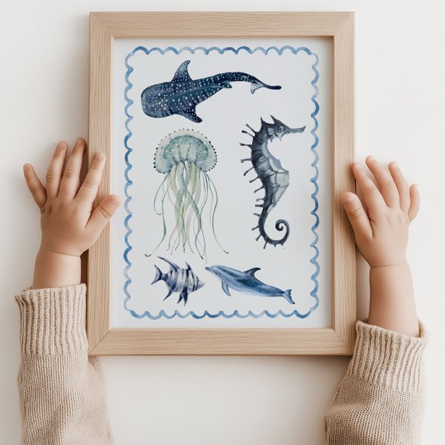Sea Life Ocean Nursery Blue Wall Art Poster (Sea Life Ocean seahorse jellyfish Nursery Blue Wall Art Poster )
