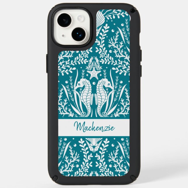 Sea Life Ocean Seahorses Damask Add Your Name Speck iPhone Case (Front)