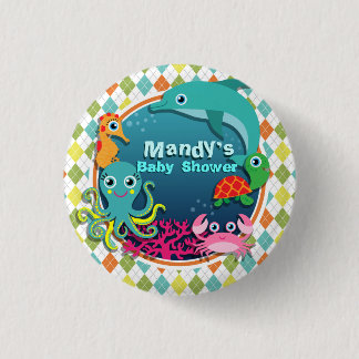 Sea Life on Colorful Argyle; Baby Shower Pinback Button
