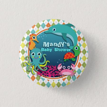 Sea Life On Colorful Argyle; Baby Shower Pinback Button