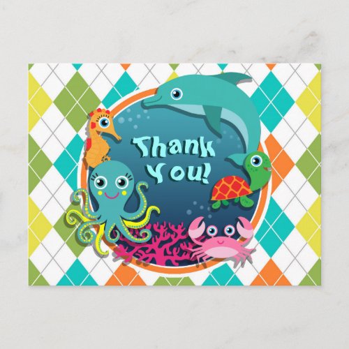 Sea Life on Colorful Argyle Baby Shower Postcard