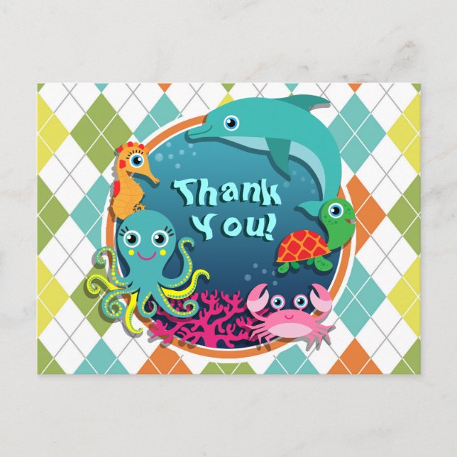 Sea Life on Colorful Argyle; Baby Shower Postcard (Front)
