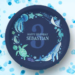 Sea Life Party Ocean Animals Navy Blue Watercolor Paper Plates<br><div class="desc">A party plate for an under the sea celebration featuring hand painted sea creatures such as,  whales,  sea horses,  sting rays,  jellyfish,  crabs,  sea turtles and more on a dark navy blue background! You can customise the name and age. See the whole matching party collection.</div>