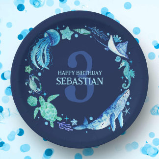 Sea Life Party Ocean Animals Navy Blue Watercolor Paper Plates
