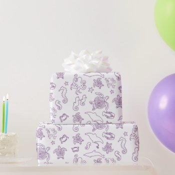 Sea Life Purple Outlines White Wrapping Paper by millhill at Zazzle