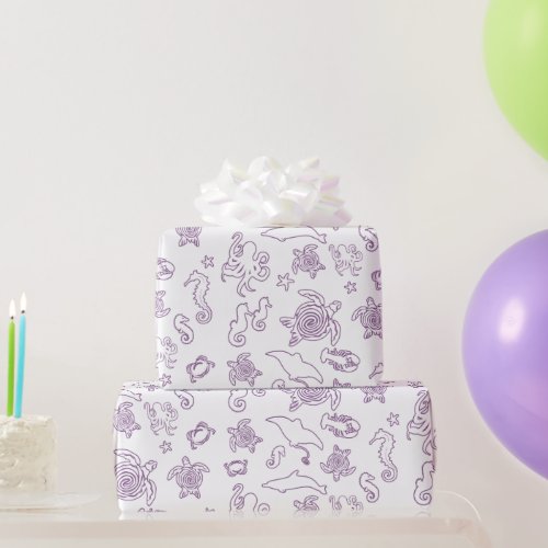 Sea Life Purple Outlines White Wrapping Paper