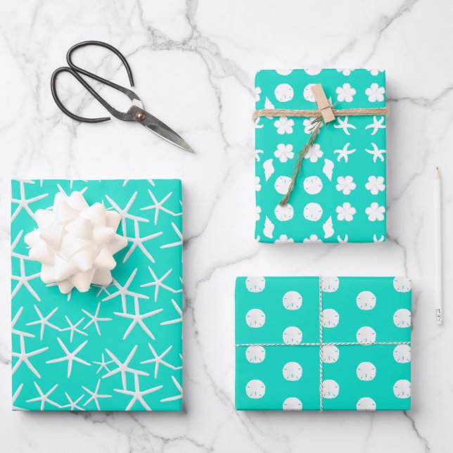 Sea Life Sand Dollars Starfish Seashells Turquoise Wrapping Paper Sheets (Front)