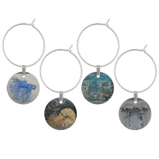 Sea Life Set of Four Water Color Wine Charms