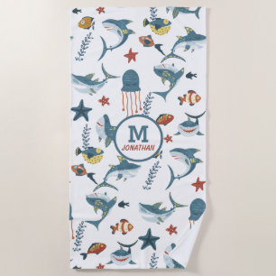 Sea Life Shark Dance Monogram Beach Towel