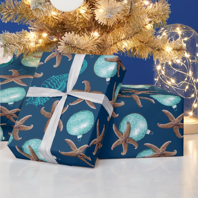 Sea Life Tropical Pattern Navy Blue Christmas Wrapping Paper (Holidays)
