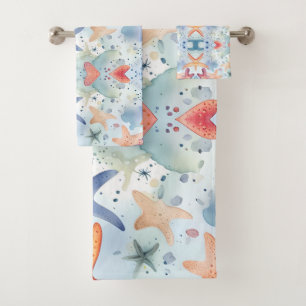 Sea life watercolor sea stars bath towel set