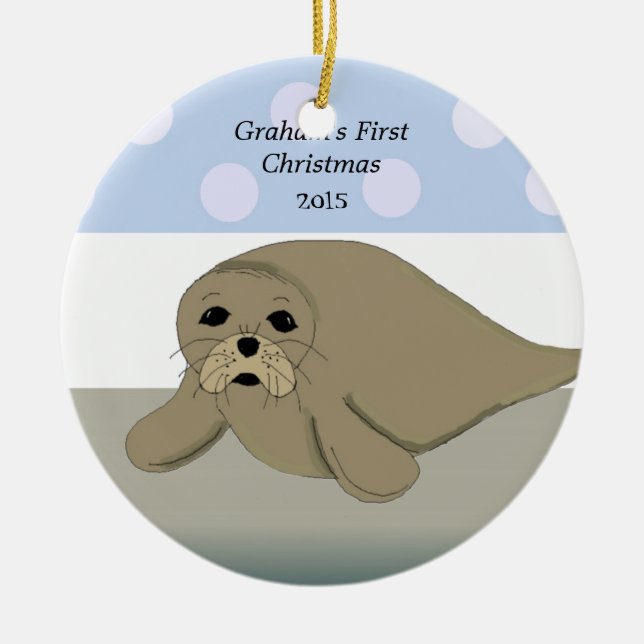 Sea Lion Baby's First Christmas Ceramic Ornament (Front)