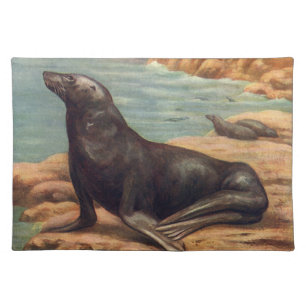 Sea Lion by the Seashore, Vintage Marine Mammals Cloth Placemat