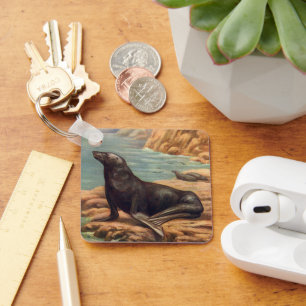 Sea Lion by the Seashore, Vintage Marine Mammals Keychain