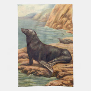 Sea Lion by the Seashore, Vintage Marine Mammals Kitchen Towel