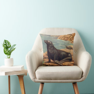 Sea Lion by the Seashore, Vintage Marine Mammals Throw Pillow