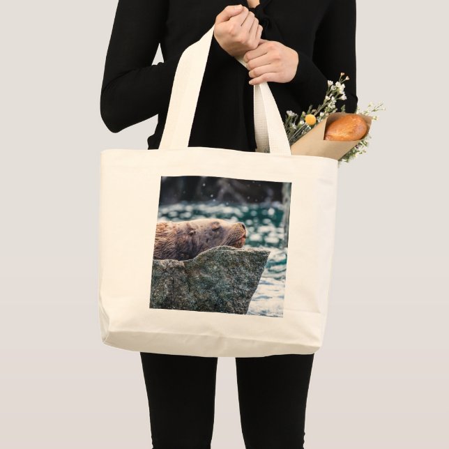 Sea Lion In Resurrection Bay, Alaska Large Tote Bag (Front (Product))
