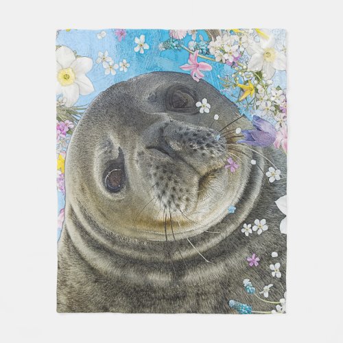 Sea Lion Swimming in Flowers Fleece Blanket