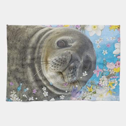 Sea Lion Swimming in Flowers Kitchen Towel