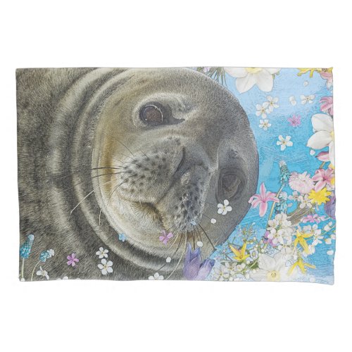 Sea Lion Swimming in Flowers Pillow Case