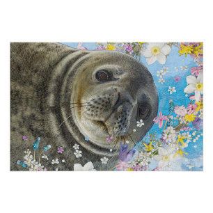 Sea Lion Swimming in Flowers Poster