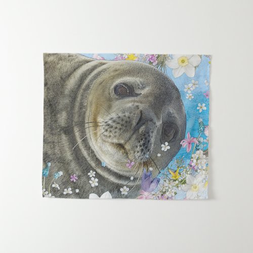 Sea Lion Swimming in Flowers Tapestry