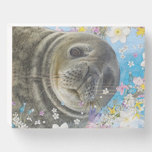 Sea Lion Swimming in Flowers Wooden Box Sign