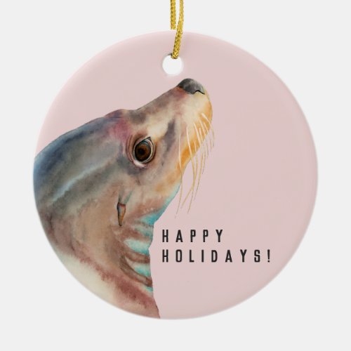 Sea Lion Watercolor Illustration  Happy Holidays Ceramic Ornament