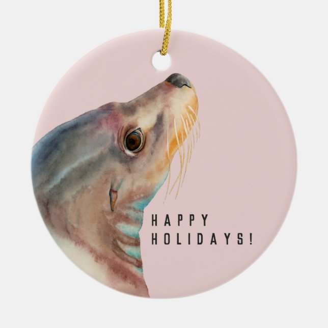 Sea Lion Watercolor Illustration | Happy Holidays Ceramic Ornament (Front)