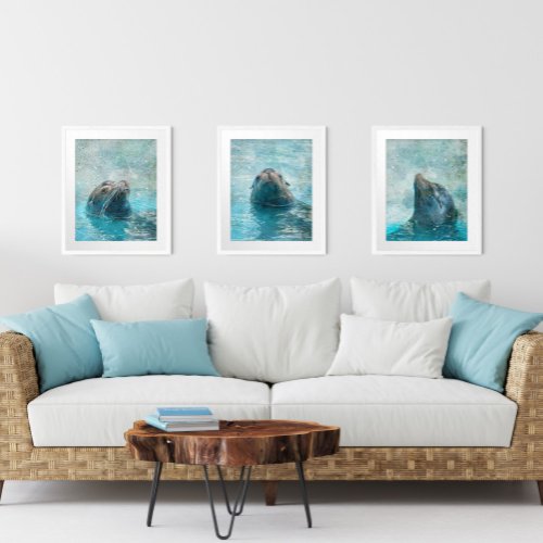 Sea Lions Blue Gray Animal Watercolor 16x20  Wall Art Sets