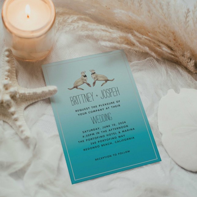 Sea Lions Blue Modern Wedding Invitation (Creator Uploaded)
