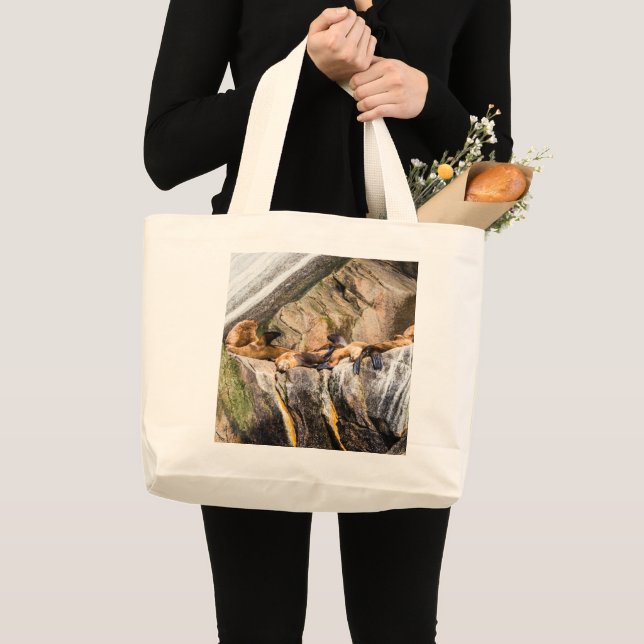 Sea Lions Laying On The Rocks Large Tote Bag (Front (Product))
