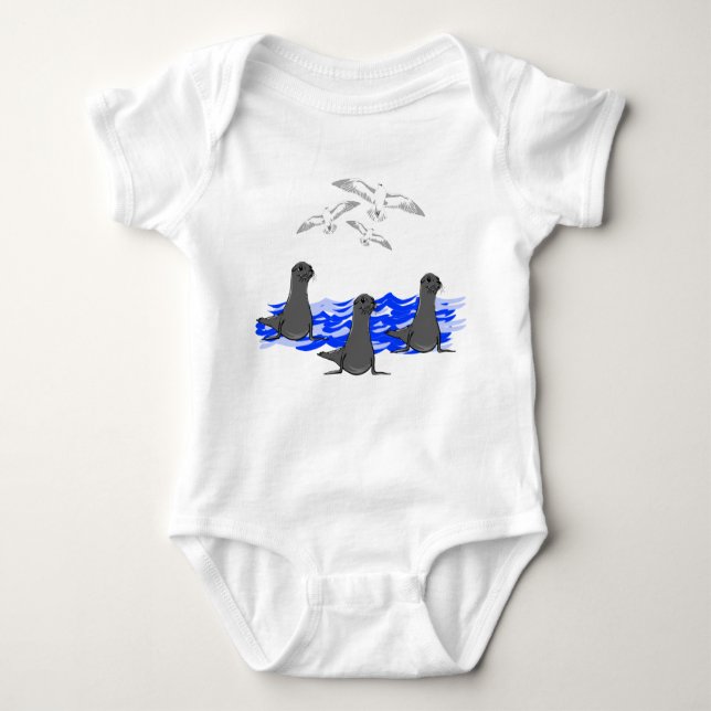 Sea Lions Ocean & Seagulls Baby Bodysuit (Front)