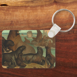 Sea Lions on the Beach, Vintage Marine Life Animal Keychain