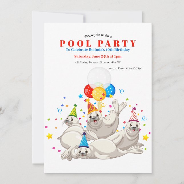 Sea Lions Pool Party Invitation (Front)