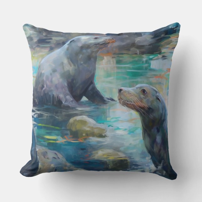 Sea Lions Sit on Rocks in Teal Water Throw Pillow (Front)