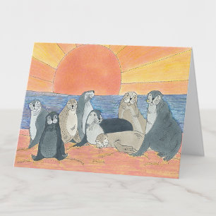 Sea Lions Sunrise Drawing Blank Letterpress Thank You Card