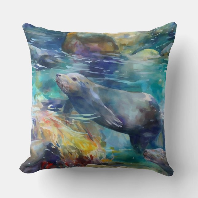 Sea Lions Swim in Teal Water Throw Pillow (Front)
