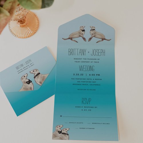 Sea Lions Teal Blue All in One Wedding Invite