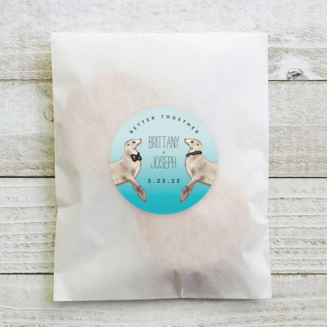 Sea Lions Teal Blue Modern Wedding  Classic Round  Sticker (Creator Uploaded)