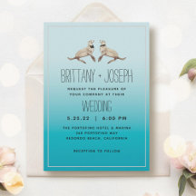 Sea Lions Teal Blue Modern Wedding Invitation