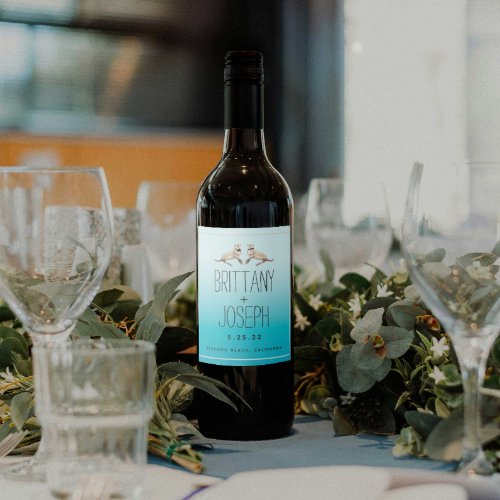 Sea Lions Teal Blue Modern Wedding Wine Label