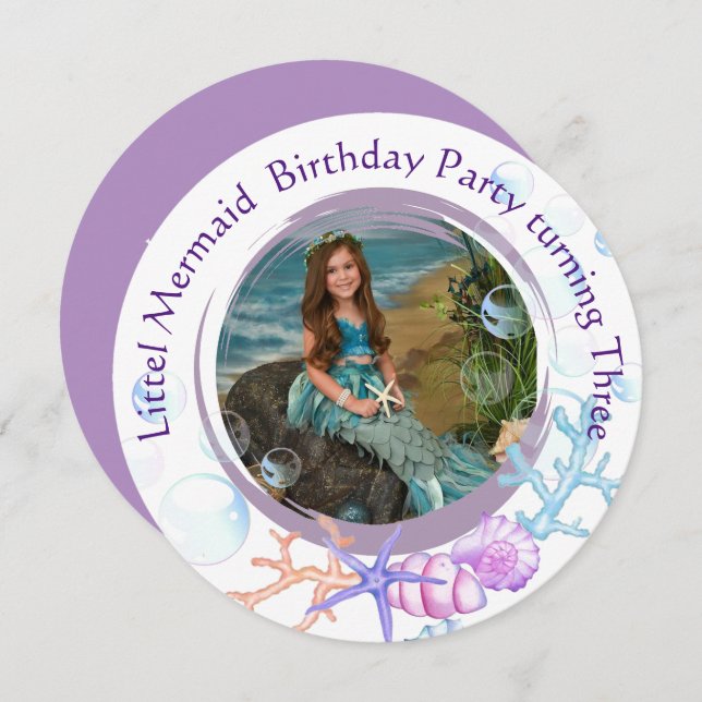  Sea | Little Mermaid 3th Birthday Party Photo Invitation (Front/Back)