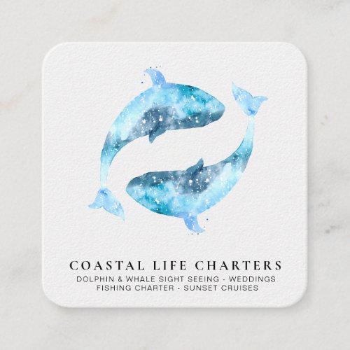  Sea Marine Watercolor Playing Coastal Dolphins Square Business Card