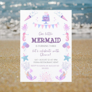 Sea Mermaid Purple Pink Girls Birthday Party Invitation