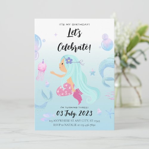 Sea Mermaid Third Birthday Party Invitation