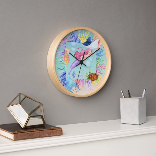 Sea Mermaid Watercolor Child Clock (Office)