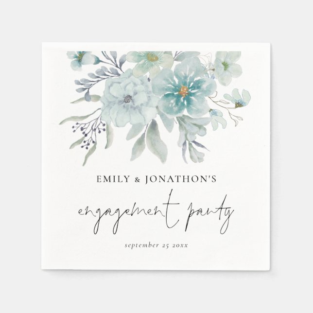 Sea Mist Teal Blue Florals Script Engagement Party Napkins (Front)
