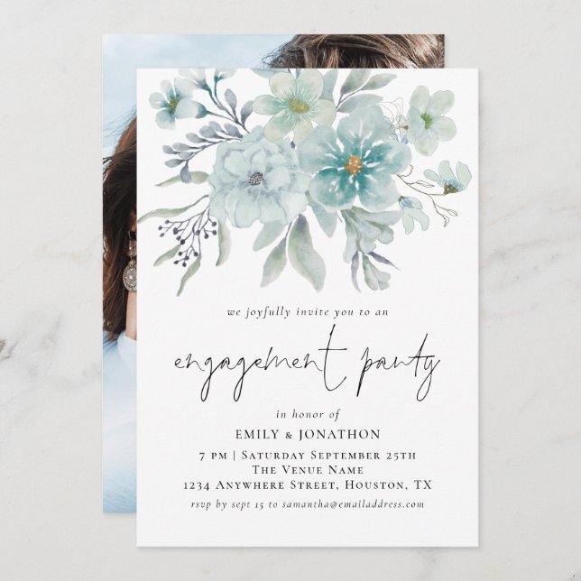 Sea Mist Teal Florals Photo Engagement Party Invitation (Front/Back)
