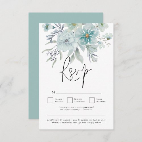 Sea Mist Teal White Florals QR Code Wedding  RSVP Card